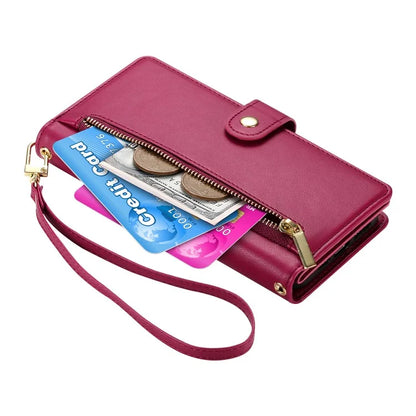 DF-011 For Samsung Galaxy S24 FE Case Zipper Pocket Wallet Leather Phone Cover with Straps