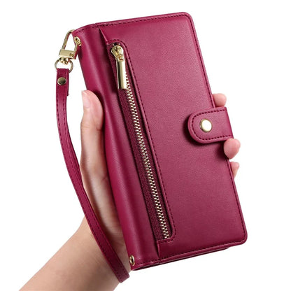 DF-011 For Samsung Galaxy S24 FE Case Zipper Pocket Wallet Leather Phone Cover with Straps