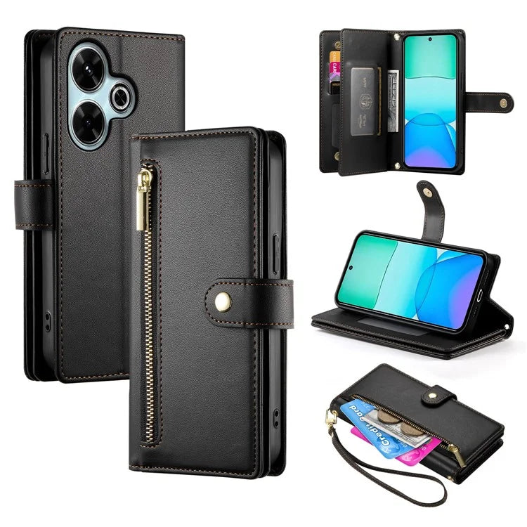 DF-011 For Xiaomi Redmi 13 4G / 13 5G Case Zipper Pocket Wallet Leather Phone Cover with Straps