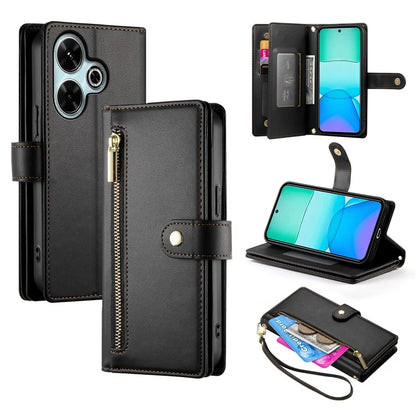 DF-011 For Xiaomi Redmi 13 4G / 13 5G Case Zipper Pocket Wallet Leather Phone Cover with Straps