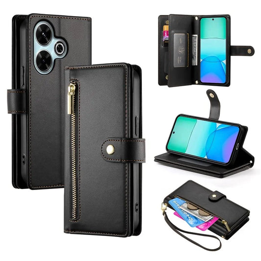 DF-011 For Xiaomi Redmi 13 4G / 13 5G Case Zipper Pocket Wallet Leather Phone Cover with Straps