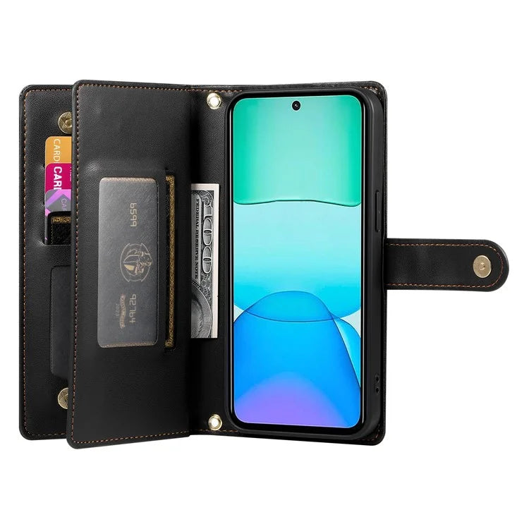 DF-011 For Xiaomi Redmi 13 4G / 13 5G Case Zipper Pocket Wallet Leather Phone Cover with Straps