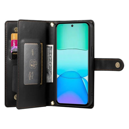 DF-011 For Xiaomi Redmi 13 4G / 13 5G Case Zipper Pocket Wallet Leather Phone Cover with Straps
