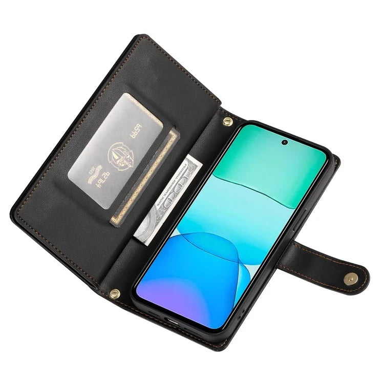 DF-011 For Xiaomi Redmi 13 4G / 13 5G Case Zipper Pocket Wallet Leather Phone Cover with Straps
