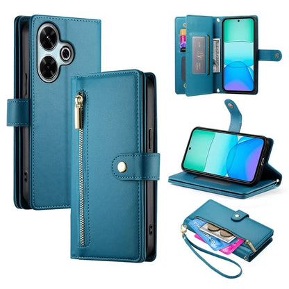 DF-011 For Xiaomi Redmi 13 4G / 13 5G Case Zipper Pocket Wallet Leather Phone Cover with Straps