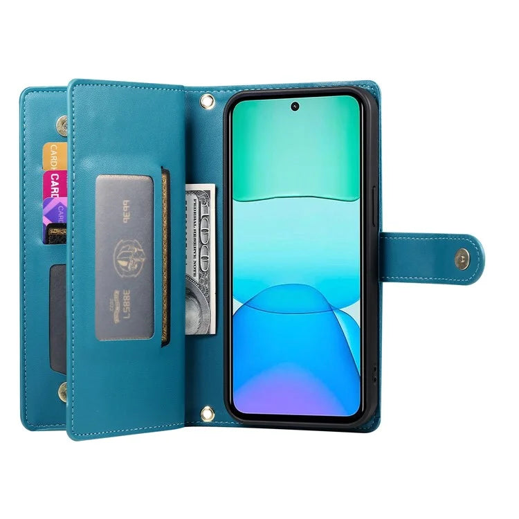 DF-011 For Xiaomi Redmi 13 4G / 13 5G Case Zipper Pocket Wallet Leather Phone Cover with Straps