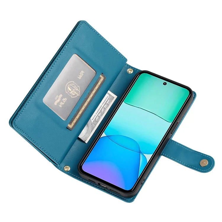 DF-011 For Xiaomi Redmi 13 4G / 13 5G Case Zipper Pocket Wallet Leather Phone Cover with Straps