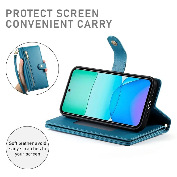 DF-011 For Xiaomi Redmi 13 4G / 13 5G Case Zipper Pocket Wallet Leather Phone Cover with Straps