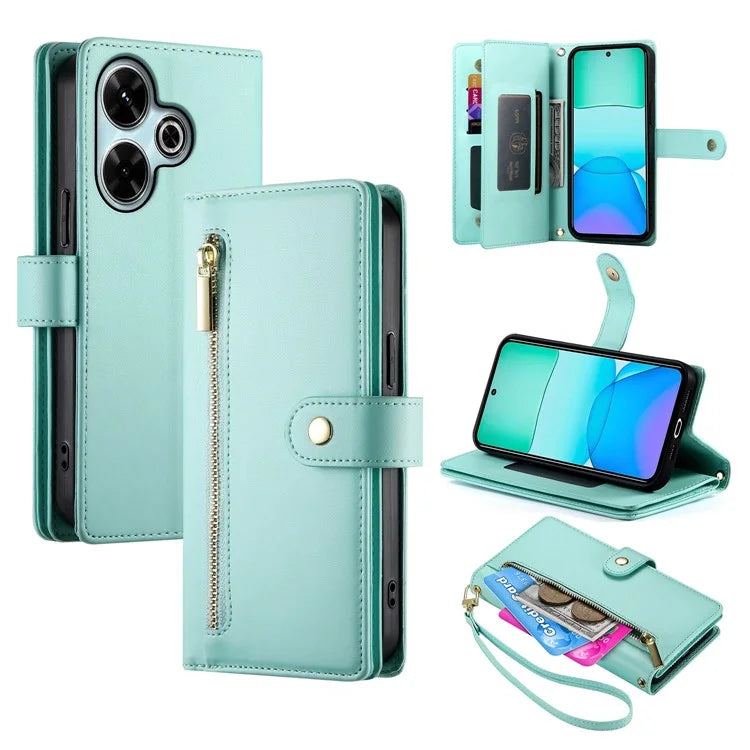DF-011 For Xiaomi Redmi 13 4G / 13 5G Case Zipper Pocket Wallet Leather Phone Cover with Straps