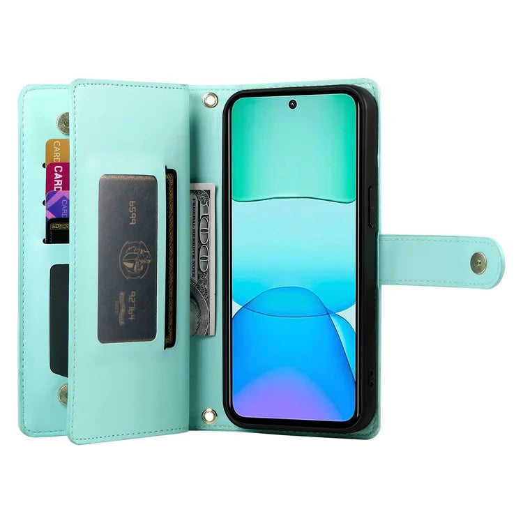 DF-011 For Xiaomi Redmi 13 4G / 13 5G Case Zipper Pocket Wallet Leather Phone Cover with Straps