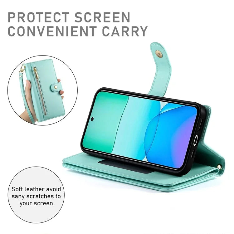DF-011 For Xiaomi Redmi 13 4G / 13 5G Case Zipper Pocket Wallet Leather Phone Cover with Straps