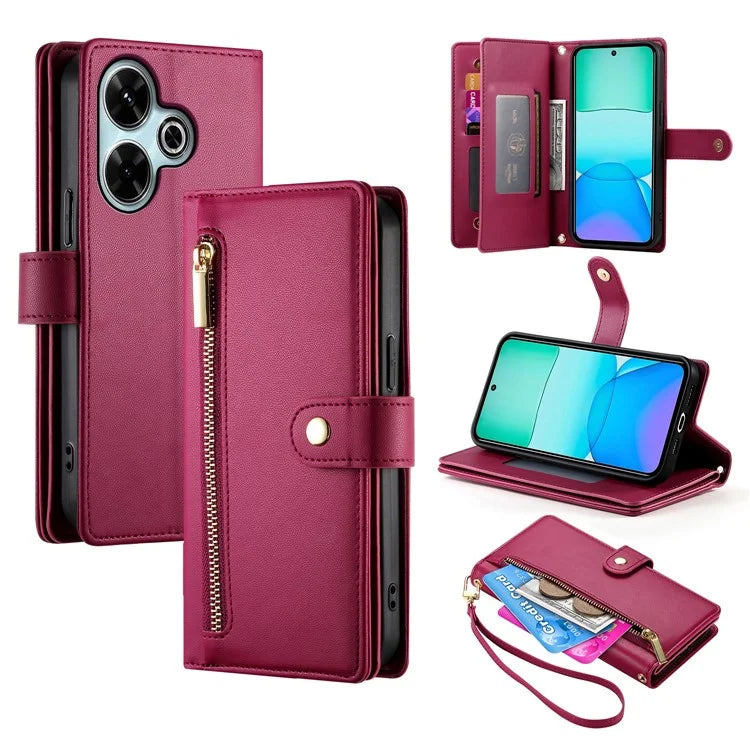 DF-011 For Xiaomi Redmi 13 4G / 13 5G Case Zipper Pocket Wallet Leather Phone Cover with Straps