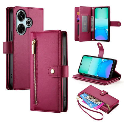 DF-011 For Xiaomi Redmi 13 4G / 13 5G Case Zipper Pocket Wallet Leather Phone Cover with Straps