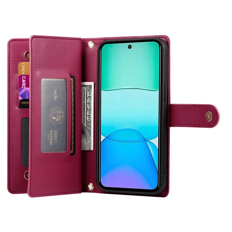 DF-011 For Xiaomi Redmi 13 4G / 13 5G Case Zipper Pocket Wallet Leather Phone Cover with Straps