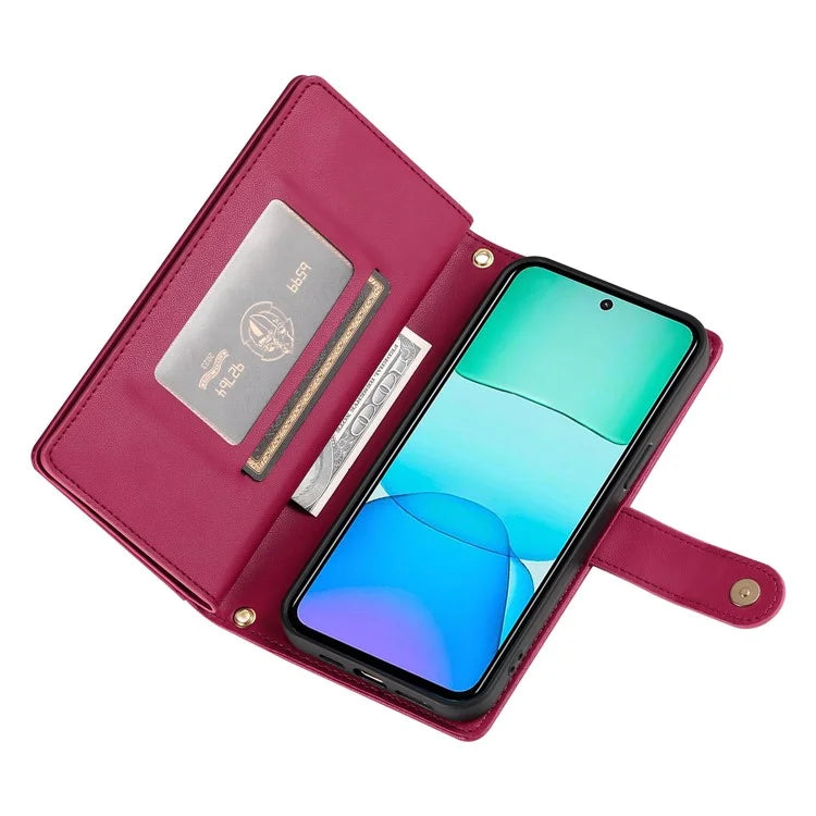 DF-011 For Xiaomi Redmi 13 4G / 13 5G Case Zipper Pocket Wallet Leather Phone Cover with Straps