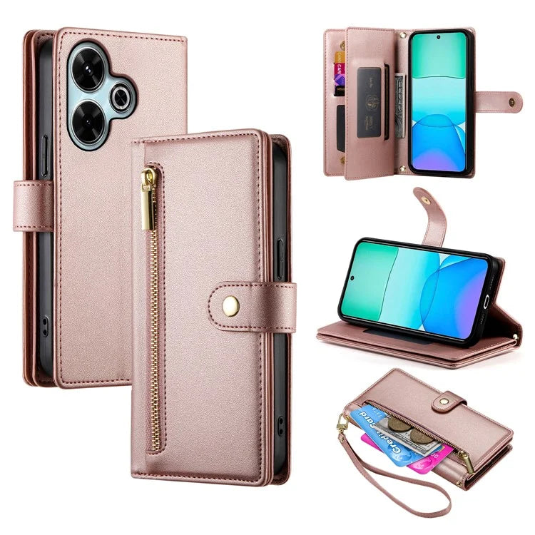 DF-011 For Xiaomi Redmi 13 4G / 13 5G Case Zipper Pocket Wallet Leather Phone Cover with Straps