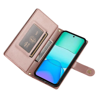DF-011 For Xiaomi Redmi 13 4G / 13 5G Case Zipper Pocket Wallet Leather Phone Cover with Straps