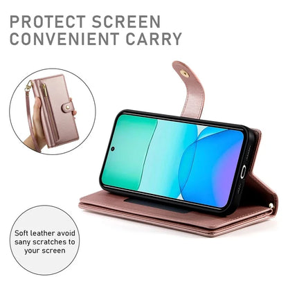 DF-011 For Xiaomi Redmi 13 4G / 13 5G Case Zipper Pocket Wallet Leather Phone Cover with Straps