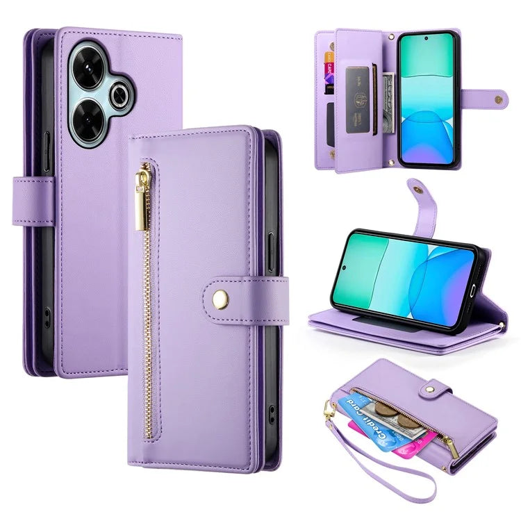 DF-011 For Xiaomi Redmi 13 4G / 13 5G Case Zipper Pocket Wallet Leather Phone Cover with Straps