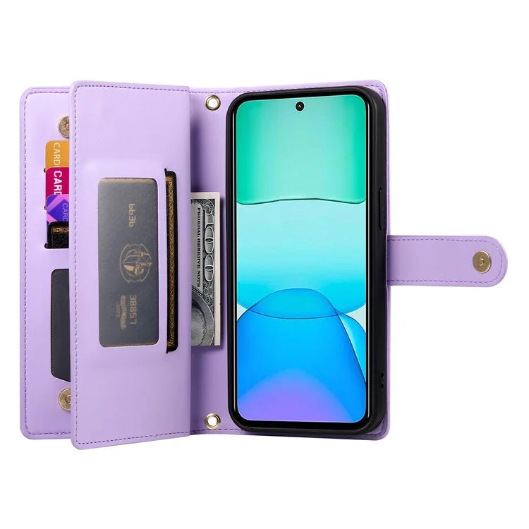 DF-011 For Xiaomi Redmi 13 4G / 13 5G Case Zipper Pocket Wallet Leather Phone Cover with Straps