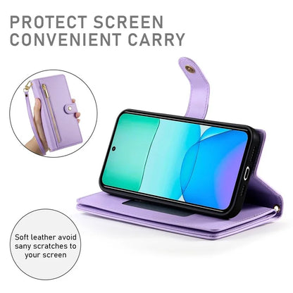 DF-011 For Xiaomi Redmi 13 4G / 13 5G Case Zipper Pocket Wallet Leather Phone Cover with Straps