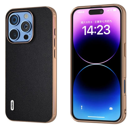 ABEEL For iPhone 16 Pro Case Electroplating Genuine Cow Leather PC Phone Cover