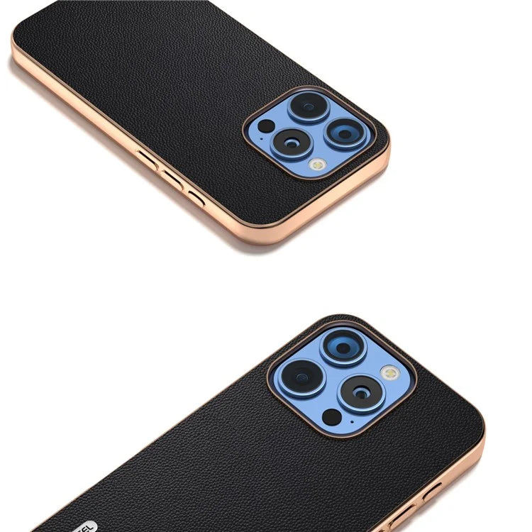 ABEEL For iPhone 16 Pro Case Electroplating Genuine Cow Leather PC Phone Cover