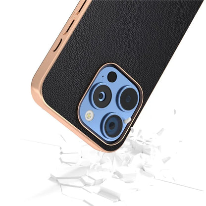 ABEEL For iPhone 16 Pro Case Electroplating Genuine Cow Leather PC Phone Cover