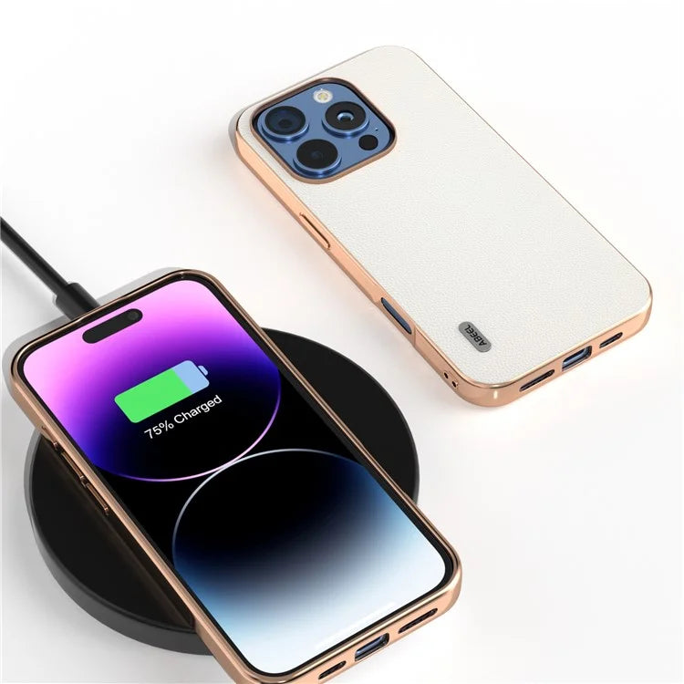 ABEEL For iPhone 16 Pro Case Electroplating Genuine Cow Leather PC Phone Cover