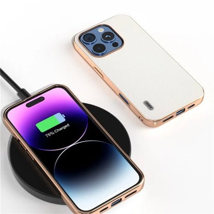 ABEEL For iPhone 16 Pro Case Electroplating Genuine Cow Leather PC Phone Cover