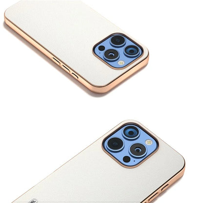 ABEEL For iPhone 16 Pro Case Electroplating Genuine Cow Leather PC Phone Cover