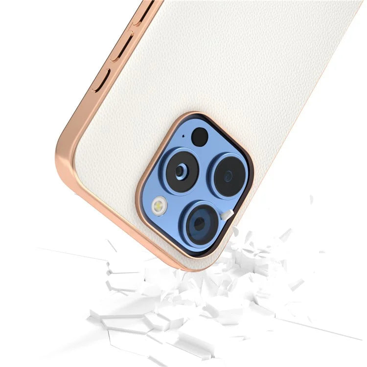 ABEEL For iPhone 16 Pro Case Electroplating Genuine Cow Leather PC Phone Cover