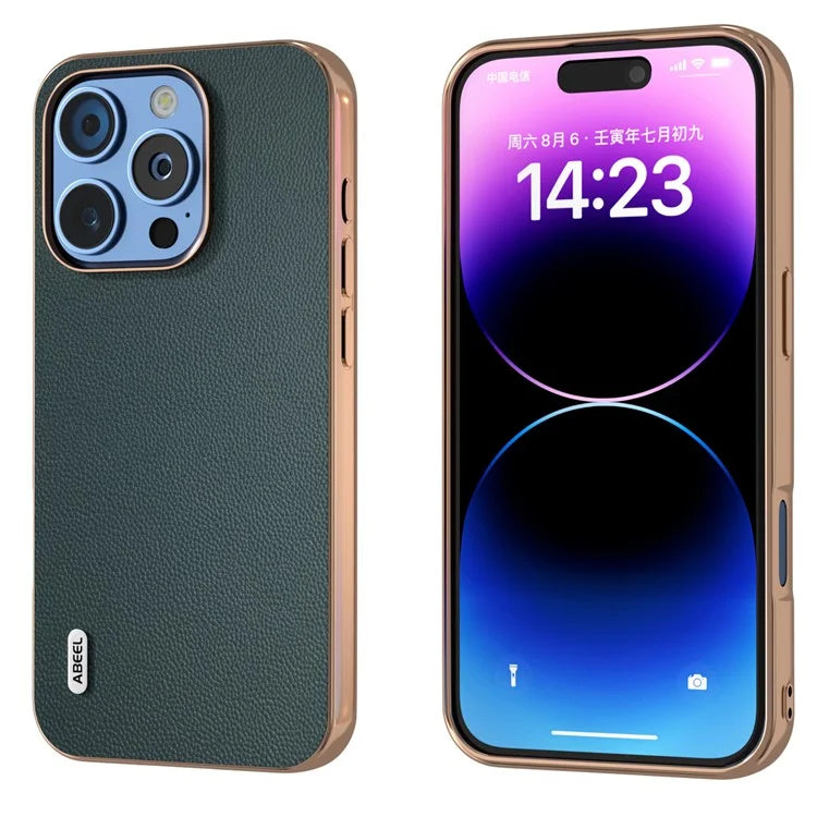 ABEEL For iPhone 16 Pro Case Electroplating Genuine Cow Leather PC Phone Cover