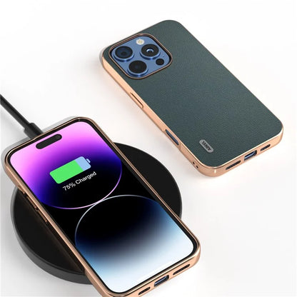ABEEL For iPhone 16 Pro Case Electroplating Genuine Cow Leather PC Phone Cover