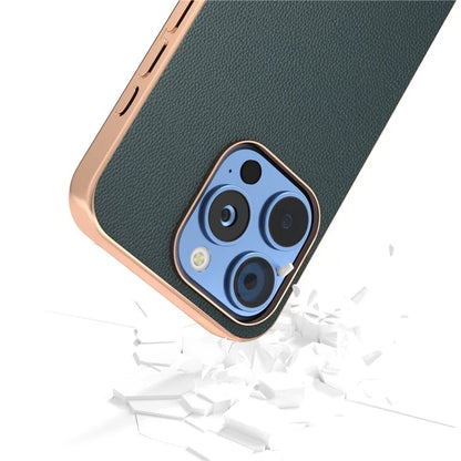 ABEEL For iPhone 16 Pro Case Electroplating Genuine Cow Leather PC Phone Cover