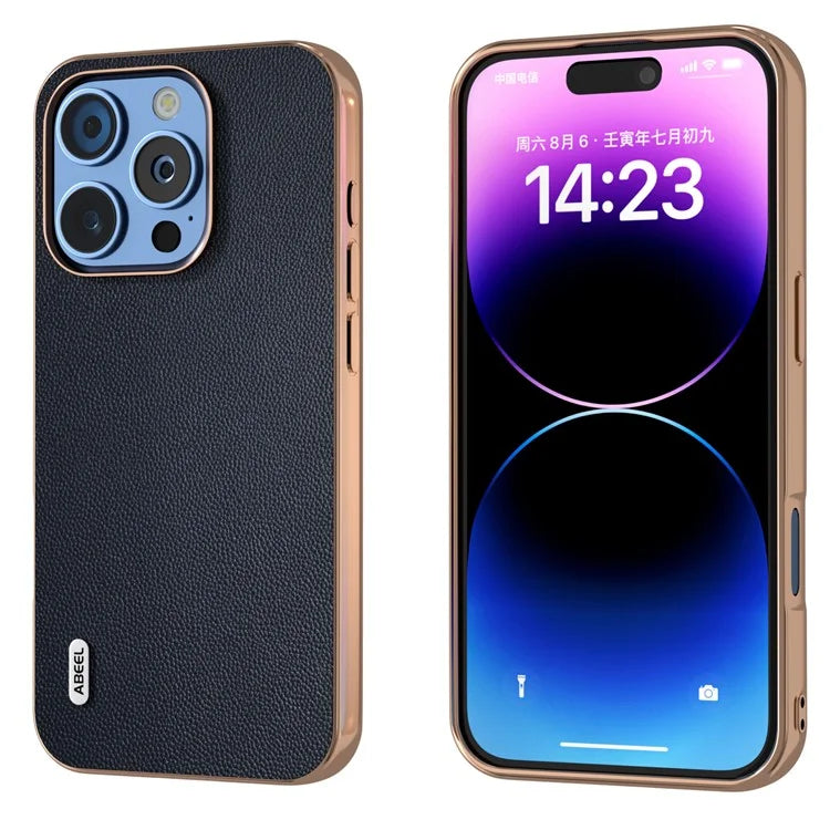 ABEEL For iPhone 16 Pro Case Electroplating Genuine Cow Leather PC Phone Cover