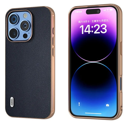 ABEEL For iPhone 16 Pro Case Electroplating Genuine Cow Leather PC Phone Cover