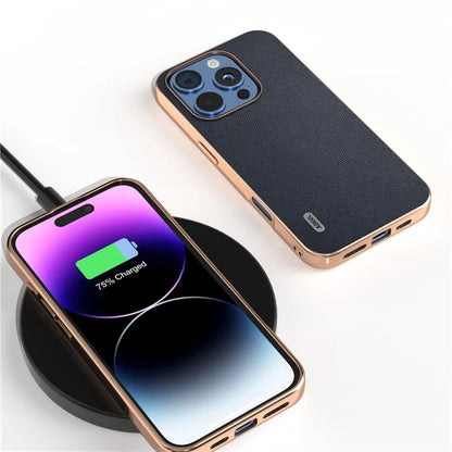ABEEL For iPhone 16 Pro Case Electroplating Genuine Cow Leather PC Phone Cover