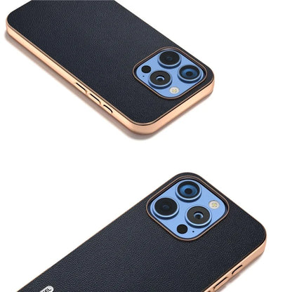 ABEEL For iPhone 16 Pro Case Electroplating Genuine Cow Leather PC Phone Cover