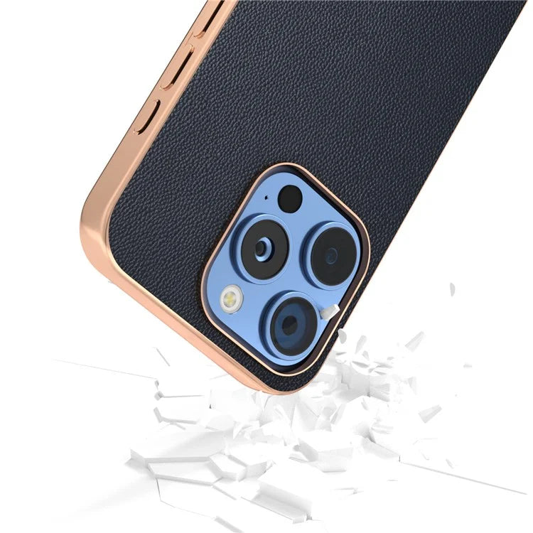 ABEEL For iPhone 16 Pro Case Electroplating Genuine Cow Leather PC Phone Cover