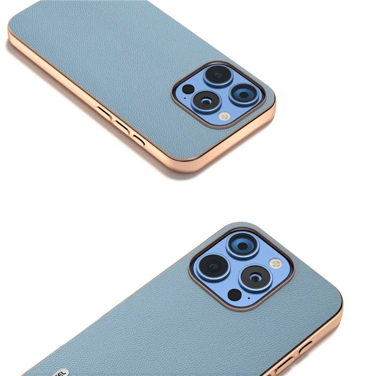ABEEL For iPhone 16 Pro Case Electroplating Genuine Cow Leather PC Phone Cover