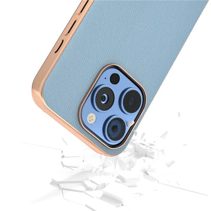 ABEEL For iPhone 16 Pro Case Electroplating Genuine Cow Leather PC Phone Cover