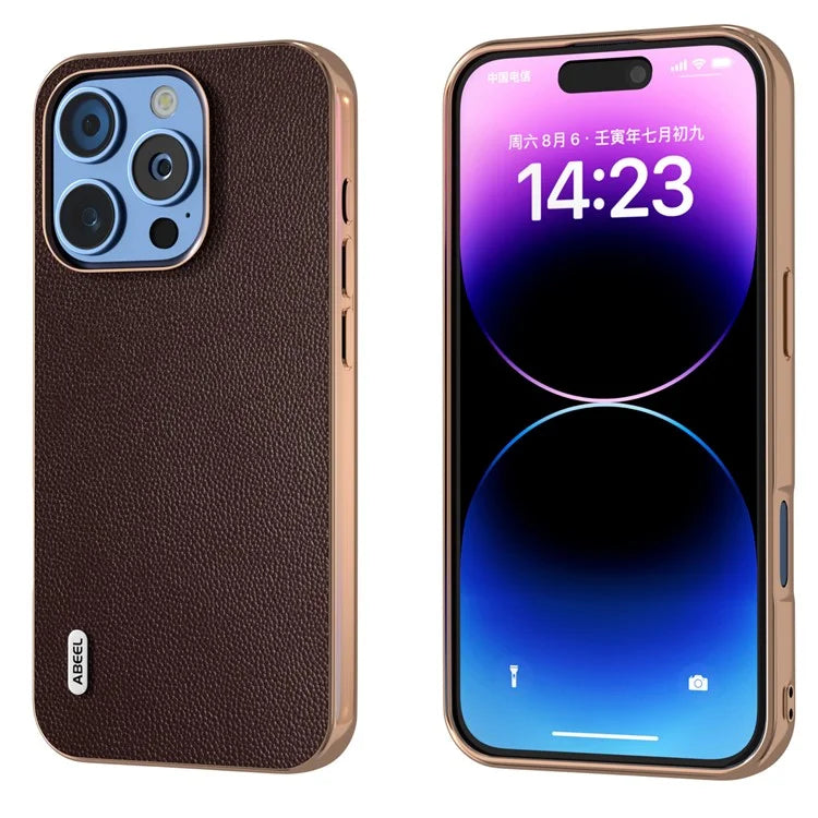 ABEEL For iPhone 16 Pro Case Electroplating Genuine Cow Leather PC Phone Cover