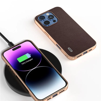 ABEEL For iPhone 16 Pro Case Electroplating Genuine Cow Leather PC Phone Cover