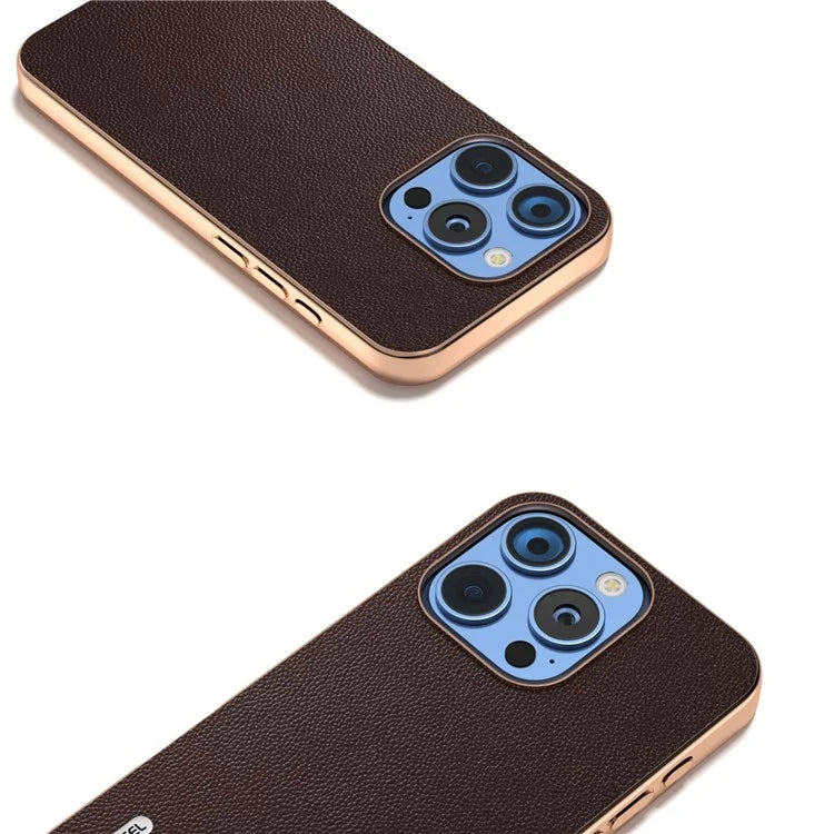 ABEEL For iPhone 16 Pro Case Electroplating Genuine Cow Leather PC Phone Cover