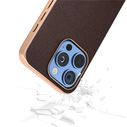 ABEEL For iPhone 16 Pro Case Electroplating Genuine Cow Leather PC Phone Cover