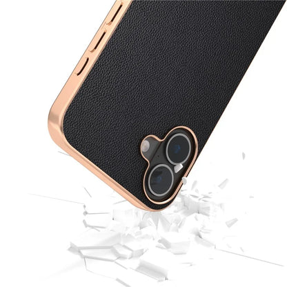 ABEEL For iPhone 16 Case Electroplating Genuine Cow Leather PC Phone Cover