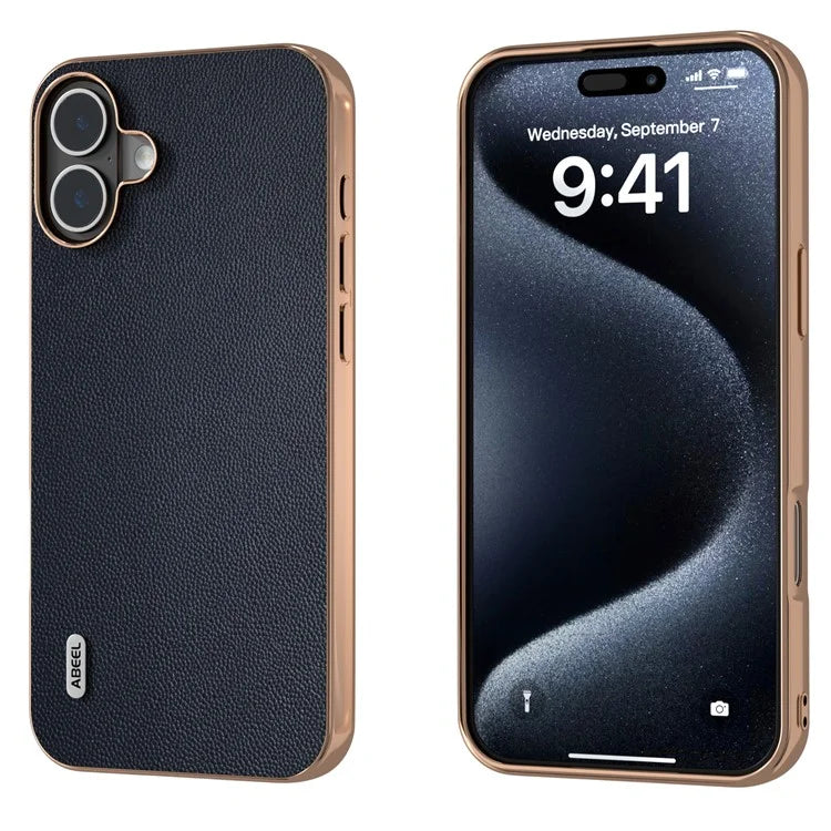 ABEEL For iPhone 16 Case Electroplating Genuine Cow Leather PC Phone Cover