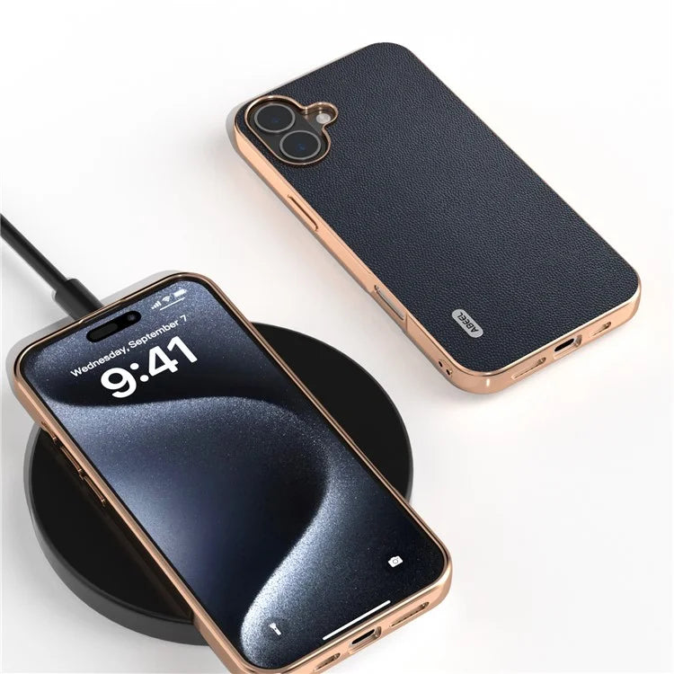 ABEEL For iPhone 16 Case Electroplating Genuine Cow Leather PC Phone Cover