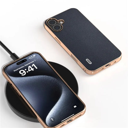 ABEEL For iPhone 16 Case Electroplating Genuine Cow Leather PC Phone Cover
